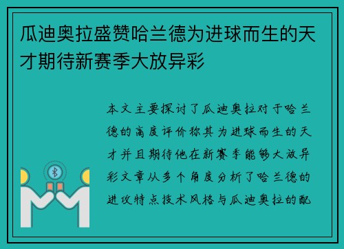 瓜迪奥拉盛赞哈兰德为进球而生的天才期待新赛季大放异彩